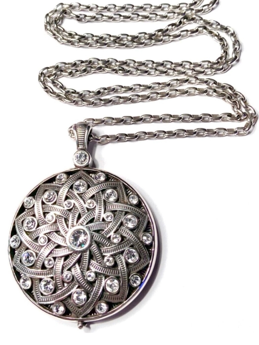 Brighton Vintage Crystal Mandala Mirror Locket Necklace Long Silver Tone Pendant